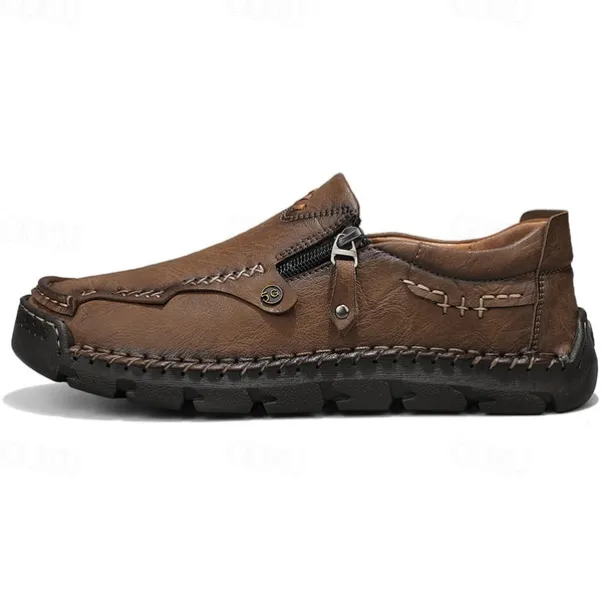 Men's Brown Faux Leather Slip-On Loafers with Side Zipper and Hand-Stitched Details – Comfortable Casual Shoes for Work, Travel, and Daily Wear