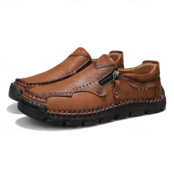 Men's Brown Faux Leather Slip-On Loafers with Side Zipper and Hand-Stitched Details – Comfortable Casual Shoes for Work, Travel, and Daily Wear
