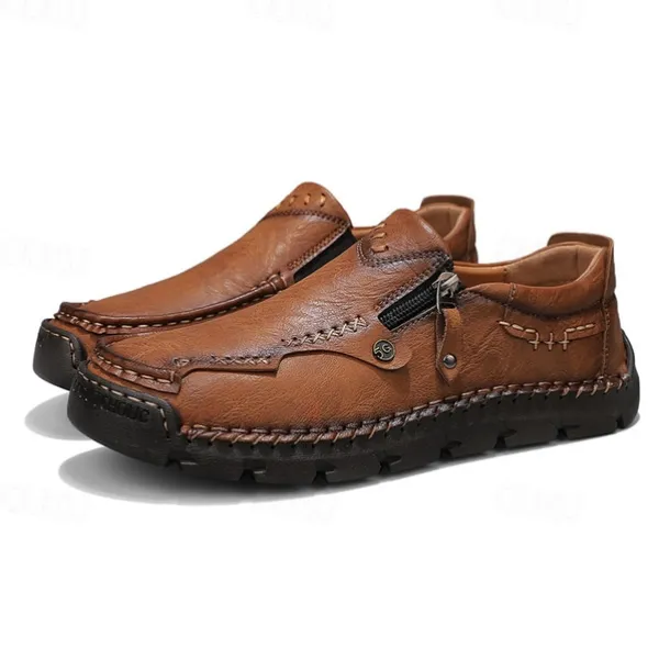 Men's Brown Faux Leather Slip-On Loafers with Side Zipper and Hand-Stitched Details – Comfortable Casual Shoes for Work, Travel, and Daily Wear