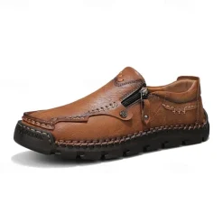 Men's Brown Faux Leather Slip-On Loafers with Side Zipper and Hand-Stitched Details – Comfortable Casual Shoes for Work, Travel, and Daily Wear