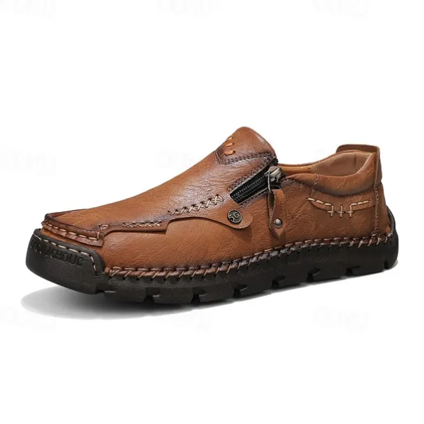 Men's Brown Faux Leather Slip-On Loafers with Side Zipper and Hand-Stitched Details – Comfortable Casual Shoes for Work, Travel, and Daily Wear