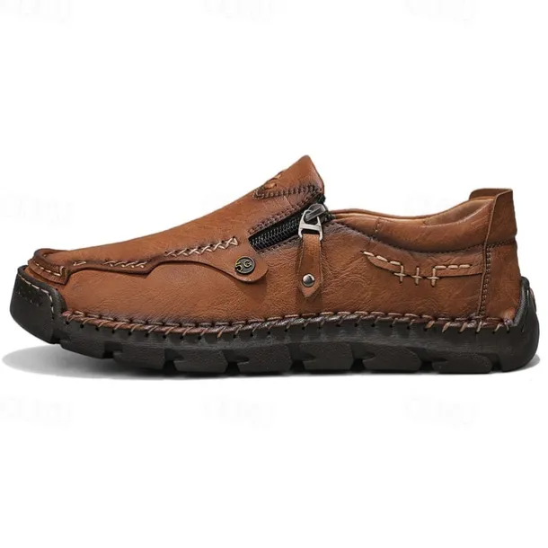 Men's Brown Faux Leather Slip-On Loafers with Side Zipper and Hand-Stitched Details – Comfortable Casual Shoes for Work, Travel, and Daily Wear
