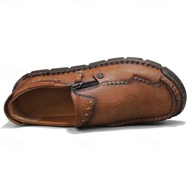 Men's Brown Faux Leather Slip-On Loafers with Side Zipper and Hand-Stitched Details – Comfortable Casual Shoes for Work, Travel, and Daily Wear