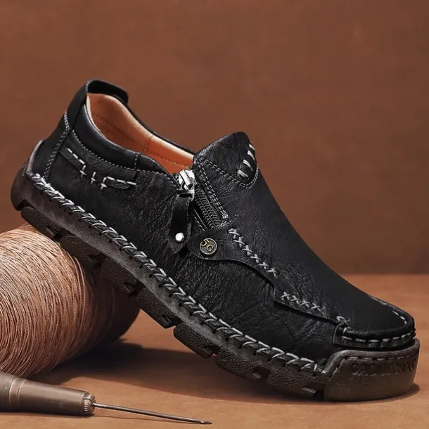 Men's Brown Faux Leather Slip-On Loafers with Side Zipper and Hand-Stitched Details – Comfortable Casual Shoes for Work, Travel, and Daily Wear