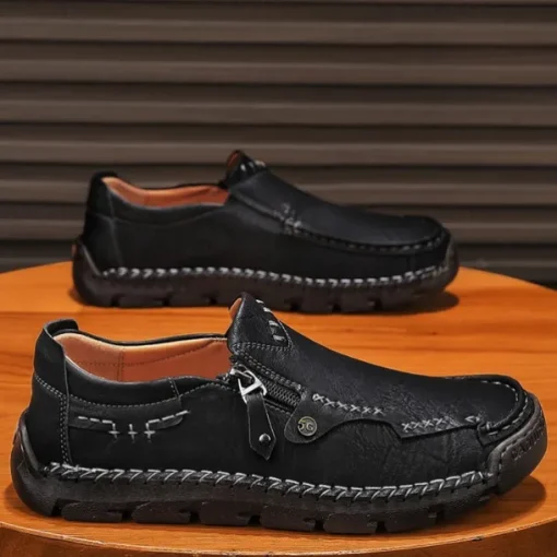 Men's Brown Faux Leather Slip-On Loafers with Side Zipper and Hand-Stitched Details – Comfortable Casual Shoes for Work, Travel, and Daily Wear
