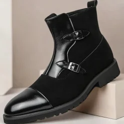 Men's Brown Faux Suede and Leather Ankle Boots with Double Buckle Straps - Stylish Formal Boots for Parties and Events