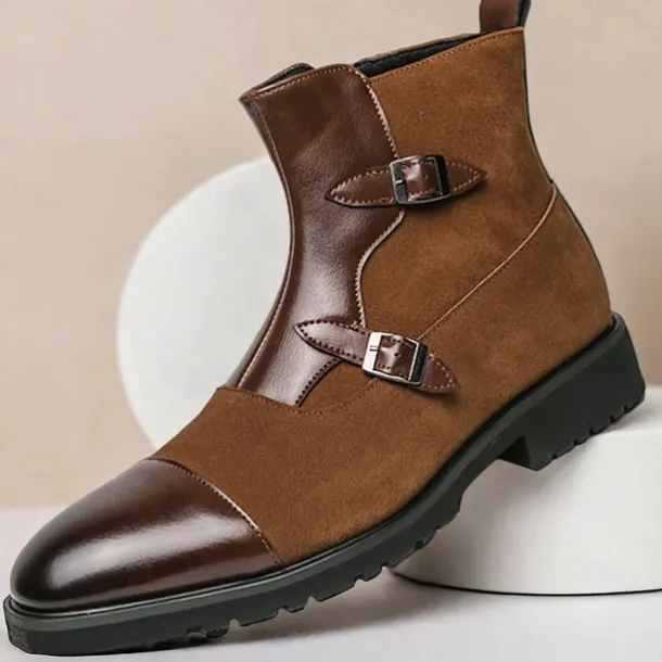 Men's Brown Faux Suede and Leather Ankle Boots with Double Buckle Straps - Stylish Formal Boots for Parties and Events