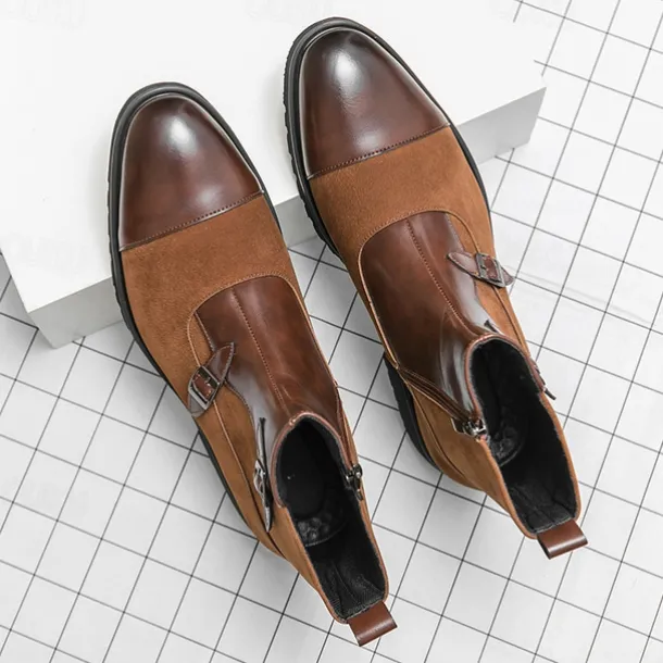 Men's Brown Faux Suede and Leather Ankle Boots with Double Buckle Straps - Stylish Formal Boots for Parties and Events