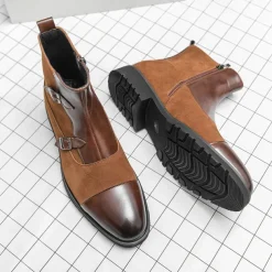 Men's Brown Faux Suede and Leather Ankle Boots with Double Buckle Straps - Stylish Formal Boots for Parties and Events