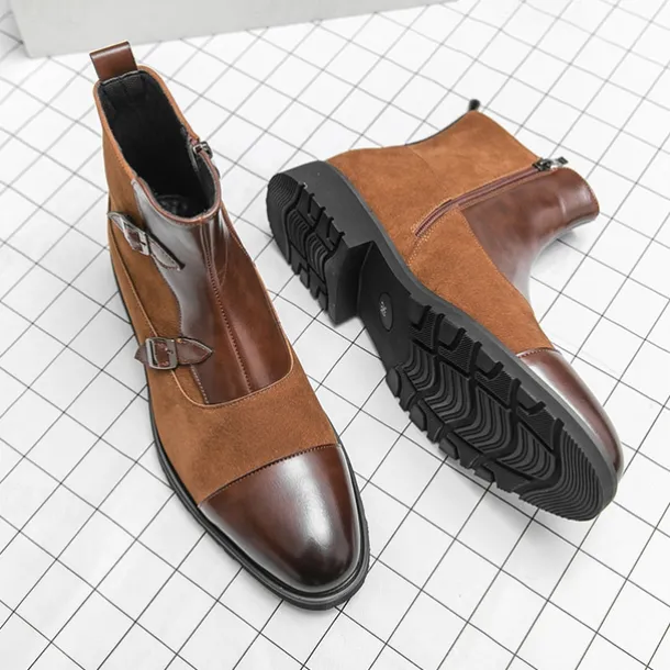 Men's Brown Faux Suede and Leather Ankle Boots with Double Buckle Straps - Stylish Formal Boots for Parties and Events