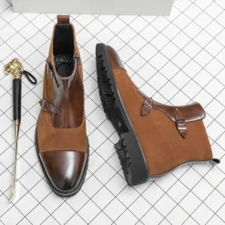 Men's Brown Faux Suede and Leather Ankle Boots with Double Buckle Straps - Stylish Formal Boots for Parties and Events