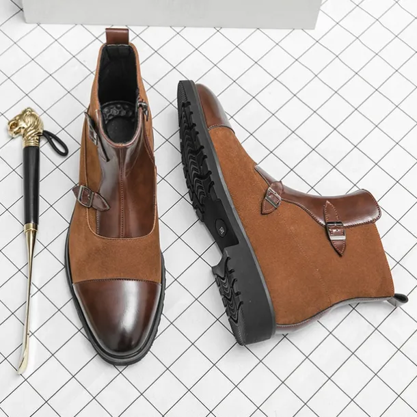 Men's Brown Faux Suede and Leather Ankle Boots with Double Buckle Straps - Stylish Formal Boots for Parties and Events