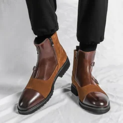 Men's Brown Faux Suede and Leather Ankle Boots with Double Buckle Straps - Stylish Formal Boots for Parties and Events