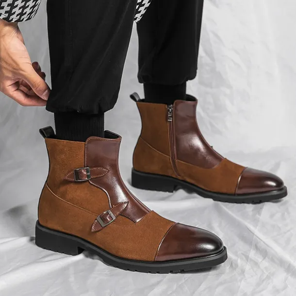 Men's Brown Faux Suede and Leather Ankle Boots with Double Buckle Straps - Stylish Formal Boots for Parties and Events