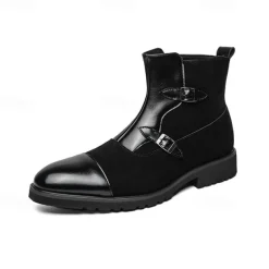 Men's Brown Faux Suede and Leather Ankle Boots with Double Buckle Straps - Stylish Formal Boots for Parties and Events