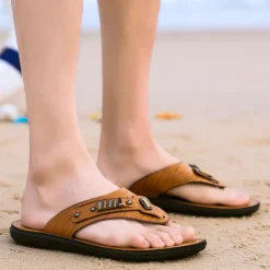 Men's Brown Flip-Flop Sandals – Stylish & Comfortable Slip-On Slippers with Metal Accents for Casual Wear & Beach Outings