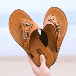 Men's Brown Flip-Flop Sandals – Stylish & Comfortable Slip-On Slippers with Metal Accents for Casual Wear & Beach Outings