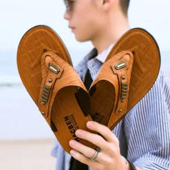 Men's Brown Flip-Flop Sandals – Stylish & Comfortable Slip-On Slippers with Metal Accents for Casual Wear & Beach Outings