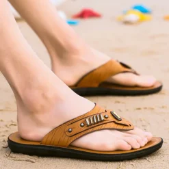 Men's Brown Flip-Flop Sandals – Stylish & Comfortable Slip-On Slippers with Metal Accents for Casual Wear & Beach Outings