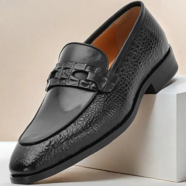 Men's Brown Genuine Leather Penny Loafers – Classic Crocodile Pattern Slip-On Dress Shoes for Kentucky Derby & Business Wear