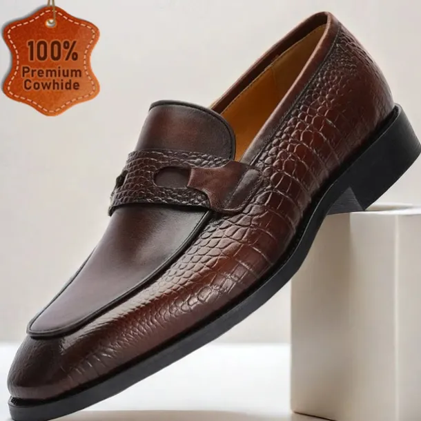 Men's Brown Genuine Leather Penny Loafers – Classic Crocodile Pattern Slip-On Dress Shoes for Kentucky Derby & Business Wear