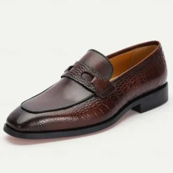 Men's Brown Genuine Leather Penny Loafers – Classic Crocodile Pattern Slip-On Dress Shoes for Kentucky Derby & Business Wear