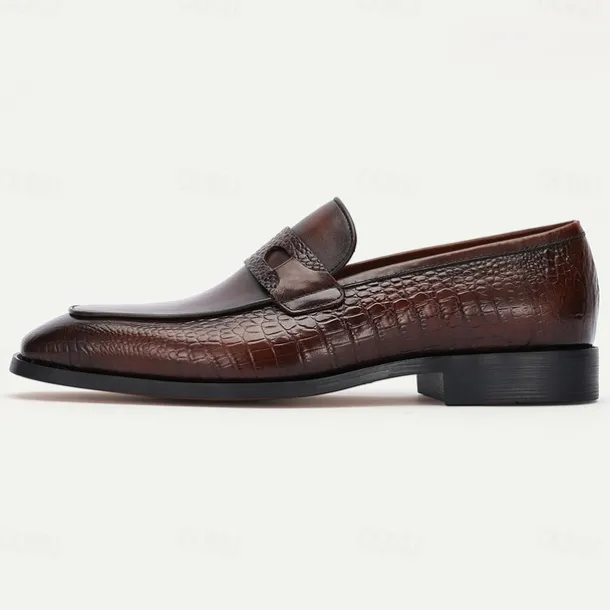 Men's Brown Genuine Leather Penny Loafers – Classic Crocodile Pattern Slip-On Dress Shoes for Kentucky Derby & Business Wear