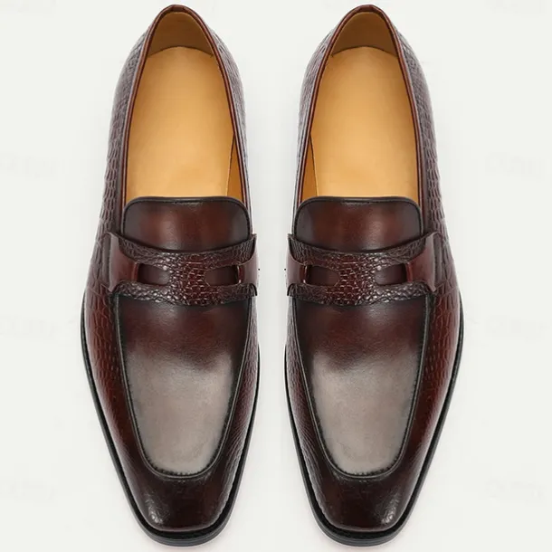 Men's Brown Genuine Leather Penny Loafers – Classic Crocodile Pattern Slip-On Dress Shoes for Kentucky Derby & Business Wear