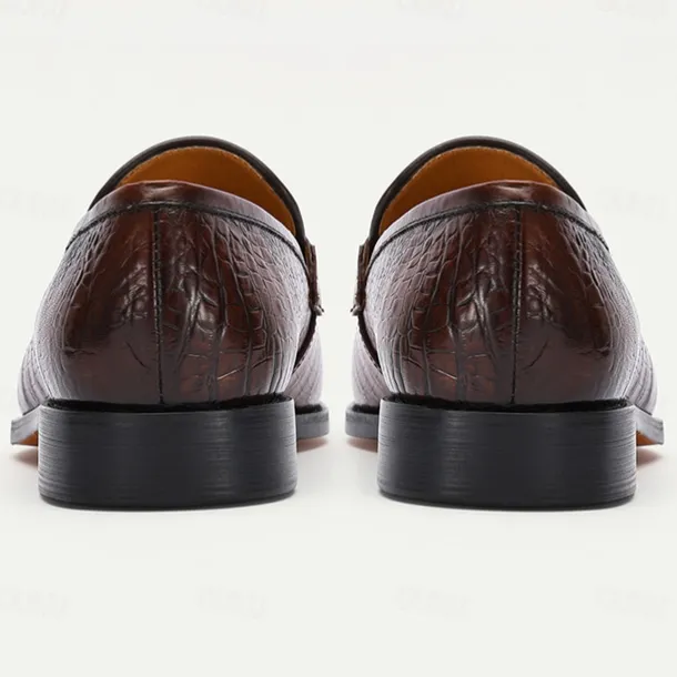 Men's Brown Genuine Leather Penny Loafers – Classic Crocodile Pattern Slip-On Dress Shoes for Kentucky Derby & Business Wear