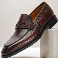 Men's Brown Genuine Leather Penny Loafers – Classic Crocodile Pattern Slip-On Dress Shoes for Kentucky Derby & Business Wear