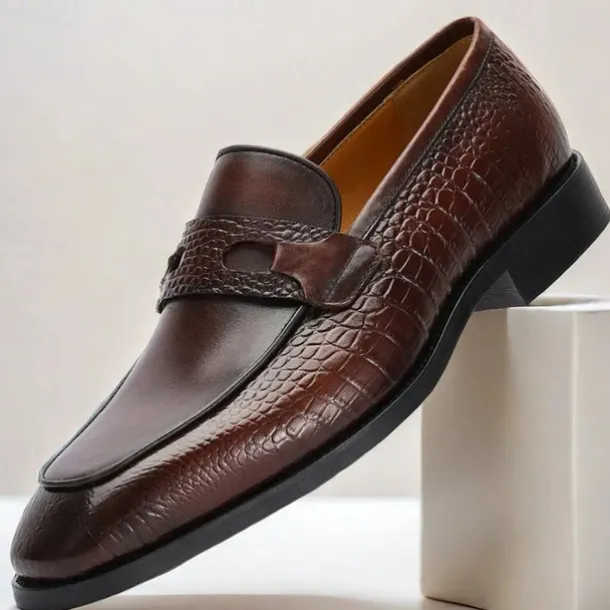 Men's Brown Genuine Leather Penny Loafers – Classic Crocodile Pattern Slip-On Dress Shoes for Kentucky Derby & Business Wear