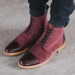 Men's Brown Leather and Denim Lace-Up Boots with Cap Toe and Rugged Sole | Stylish Vintage Ankle Boots