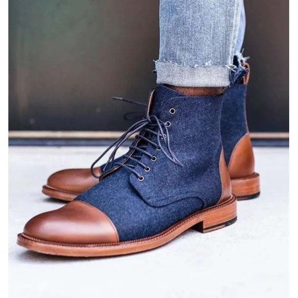 Men's Brown Leather and Denim Lace-Up Boots with Cap Toe and Rugged Sole | Stylish Vintage Ankle Boots