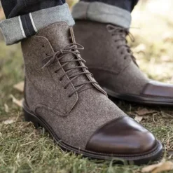 Men's Brown Leather and Denim Lace-Up Boots with Cap Toe and Rugged Sole | Stylish Vintage Ankle Boots