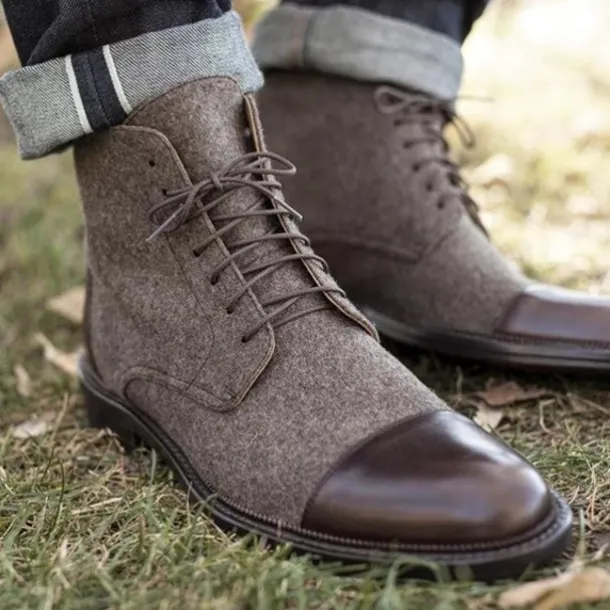 Men's Brown Leather and Denim Lace-Up Boots with Cap Toe and Rugged Sole | Stylish Vintage Ankle Boots