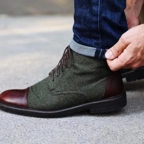 Men's Brown Leather and Denim Lace-Up Boots with Cap Toe and Rugged Sole | Stylish Vintage Ankle Boots