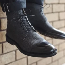 Men's Brown Leather and Denim Lace-Up Boots with Cap Toe and Rugged Sole | Stylish Vintage Ankle Boots