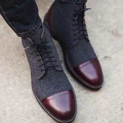 Men's Brown Leather and Denim Lace-Up Boots with Cap Toe and Rugged Sole | Stylish Vintage Ankle Boots