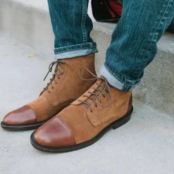 Men's Brown Leather and Denim Lace-Up Boots with Cap Toe and Rugged Sole | Stylish Vintage Ankle Boots