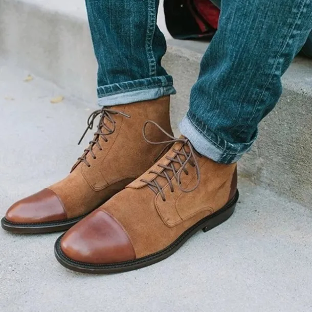 Men's Brown Leather and Denim Lace-Up Boots with Cap Toe and Rugged Sole | Stylish Vintage Ankle Boots