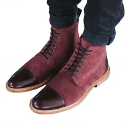 Men's Brown Leather and Denim Lace-Up Boots with Cap Toe and Rugged Sole | Stylish Vintage Ankle Boots