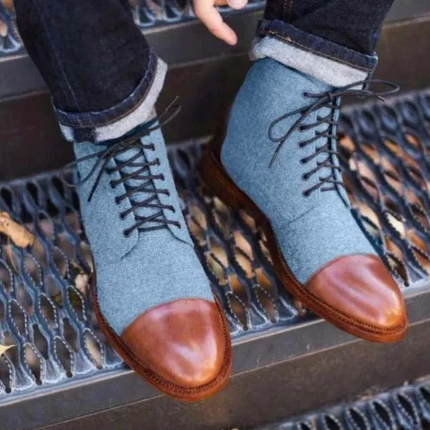 Men's Brown Leather and Denim Lace-Up Boots with Cap Toe and Rugged Sole | Stylish Vintage Ankle Boots