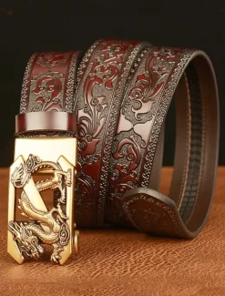 Men's Brown Leather Belt with Embossed Dragon Design and Gold Buckle - Vintage Style, Perfect for Formal and Casual Wear