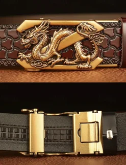 Men's Brown Leather Belt with Embossed Dragon Design and Gold Buckle - Vintage Style, Perfect for Formal and Casual Wear