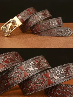 Men's Brown Leather Belt with Embossed Dragon Design and Gold Buckle - Vintage Style, Perfect for Formal and Casual Wear