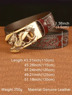 Men's Brown Leather Belt with Embossed Dragon Design and Gold Buckle - Vintage Style, Perfect for Formal and Casual Wear