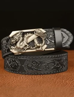 Men's Brown Leather Belt with Embossed Dragon Design and Gold Buckle - Vintage Style, Perfect for Formal and Casual Wear