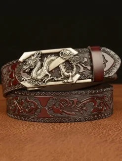 Men's Brown Leather Belt with Embossed Dragon Design and Gold Buckle - Vintage Style, Perfect for Formal and Casual Wear