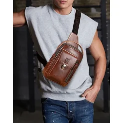 Men's Brown Leather Crossbody Sling Bag with Multiple Compartments and Adjustable Strap, Ideal for Travel and Daily Use