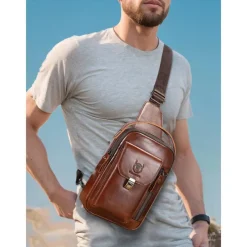 Men's Brown Leather Crossbody Sling Bag with Multiple Compartments and Adjustable Strap, Ideal for Travel and Daily Use